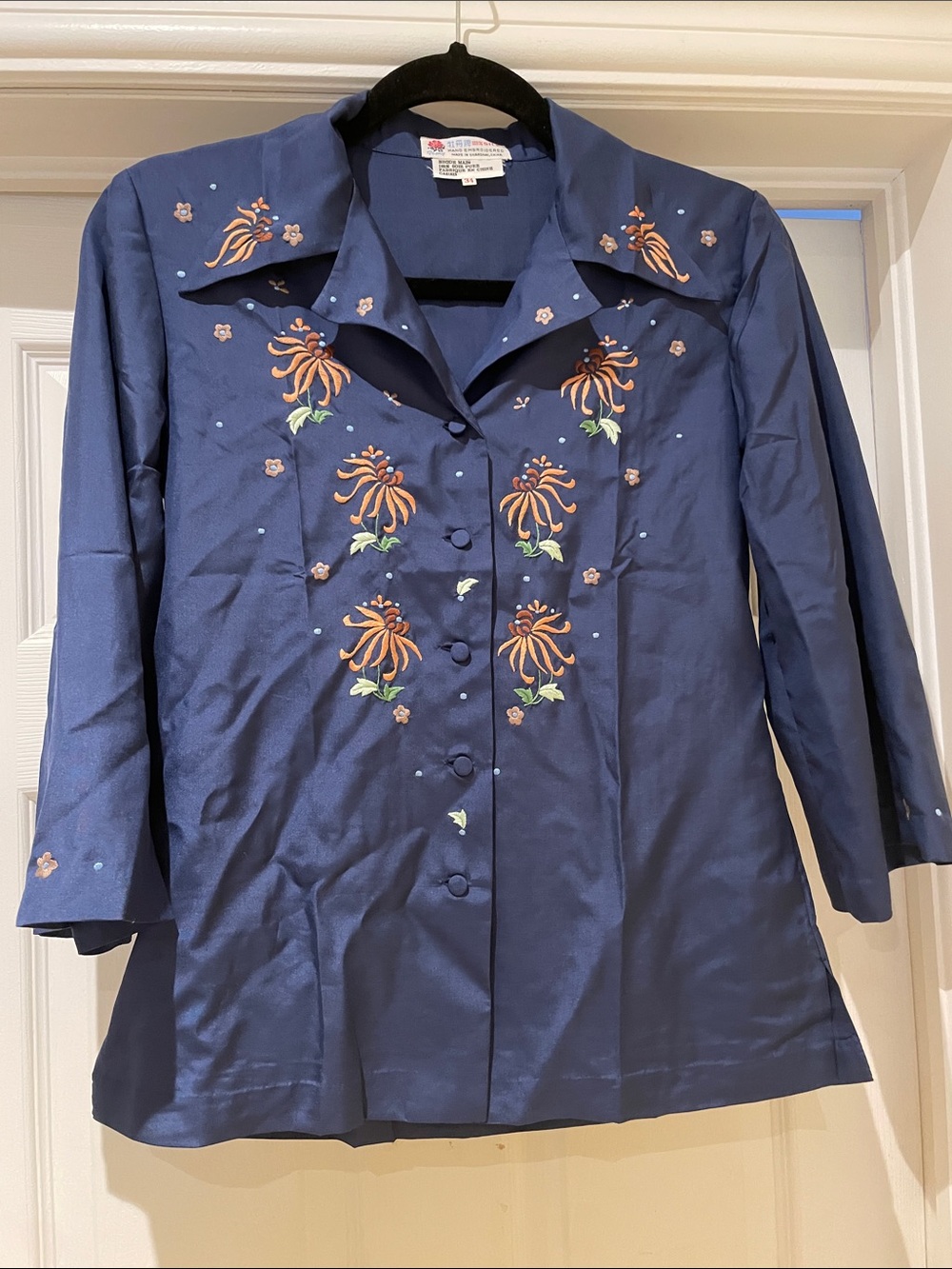 Hand Embroidered 100% Silk Navy Button-Down Shirt Art to wear S- XS